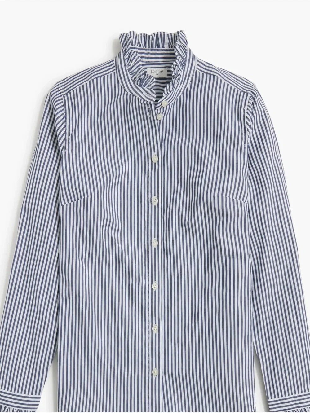 J. Crew women rufflecneck button up blue and white striped cotton. Size XS - Picture 1 of 6
